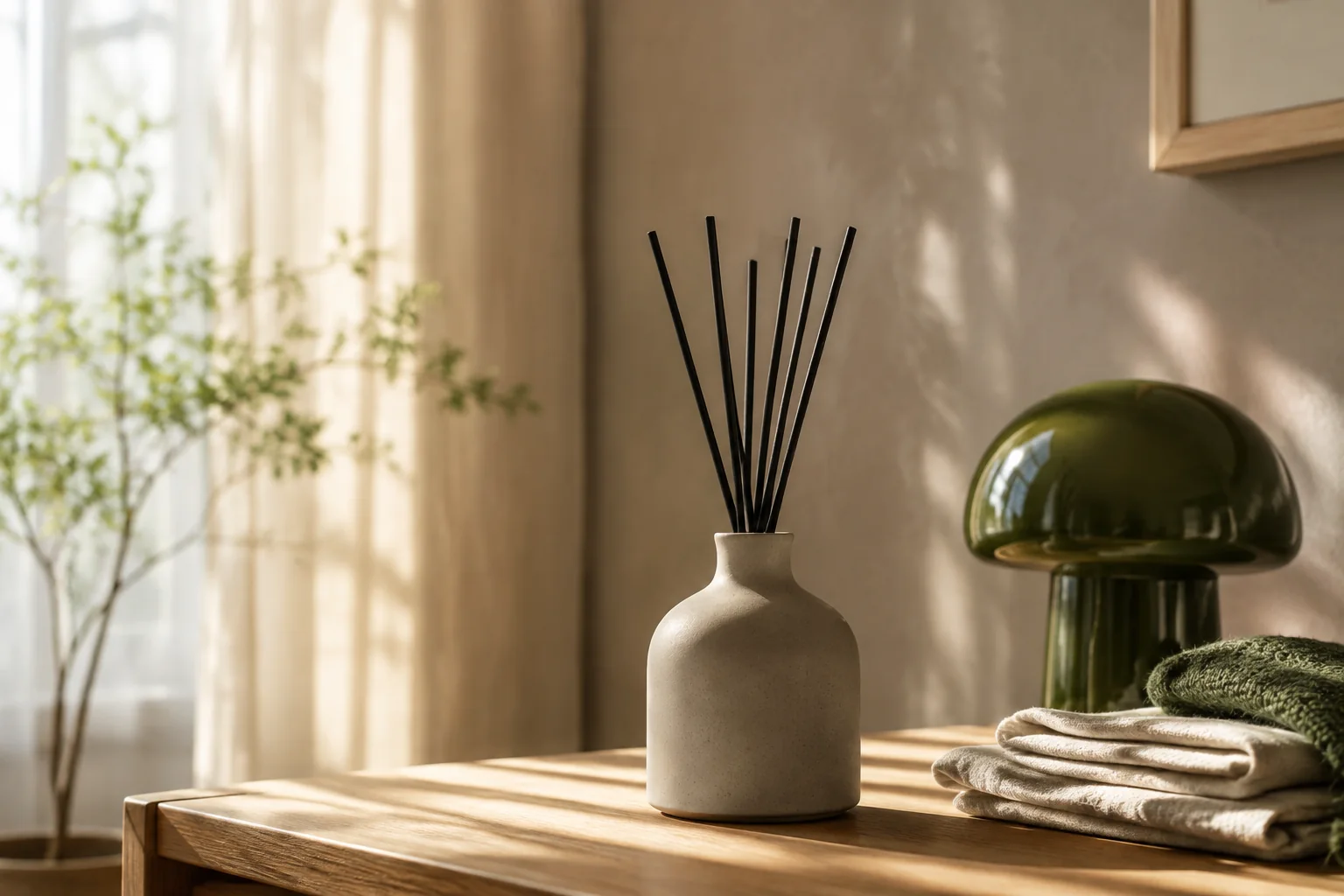 A calm human space styled with soft light and minimalist fragrance objects