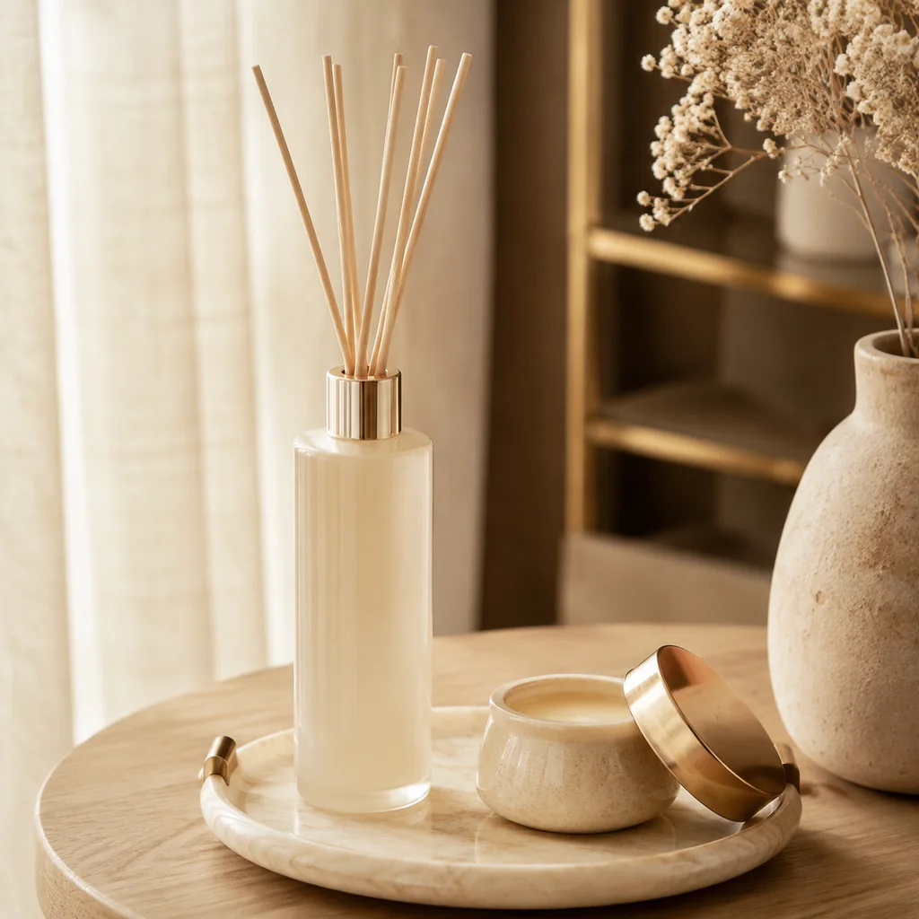 Qiju reed diffuser and balm arranged in a warm minimal home setting