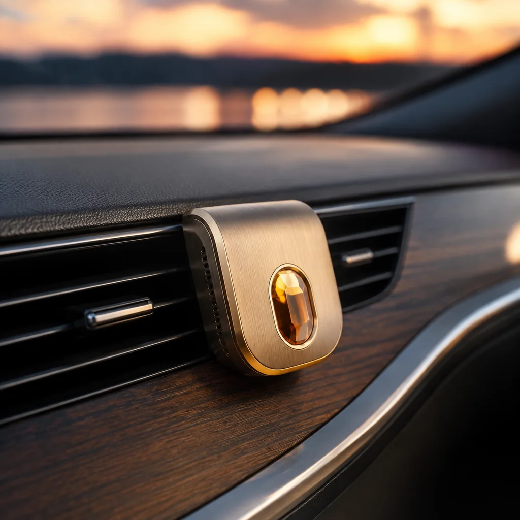 Xingzhe car fragrance object shown with warm gold minimal styling